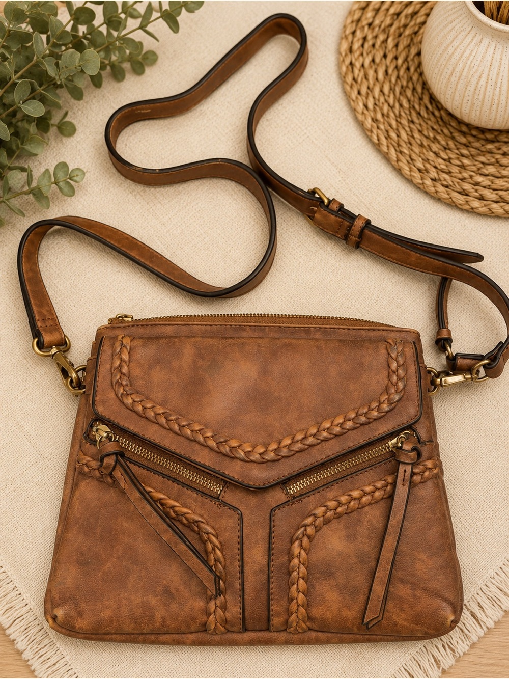 Braided Accent Brown Crossbody Bag - Women